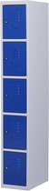 Lockerkast metaal met slot - 5 deurs 1 delig - Grijs/blauw - 180x30x50 cm - LKP-1017