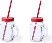 2x stuks Glazen Mason Jar drinkbekers rode dop en rietje 500 ml - afsluitbaar/niet lekken/fruit shakes