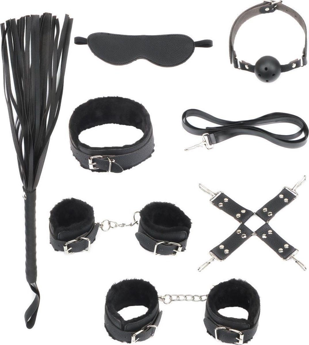 Goedkoopste BDSM - Starters kit - Bondage set - Handboeien - Oogmasker - Enkelboeien - Gagball - Zweep - Hogtie - Zwart