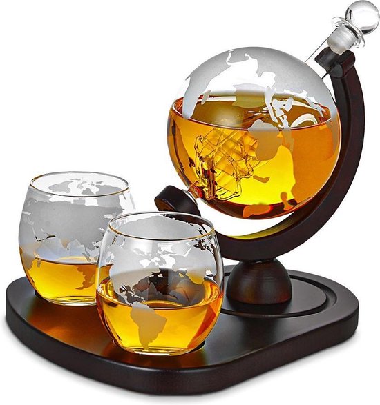 Mikamax Whiskey Globe Decanter Set Deluxe Luxe uitvoering Incl. 2 glazen en whiskey stones