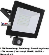 LED Buitenverlichting met sensor, Tuinlamp, Beveiligingslamp, Bouwlamp |20W | Vervangt 180W | 4000K – Naturel wit