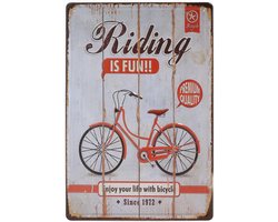 Wandbord – Riding is fun – Fiets - Bicycle - Vintage - Retro -  Wanddecoratie – Reclame bord – Restaurant – Kroeg - Bar – Cafe - Horeca – Metal Sign - 20x30cm