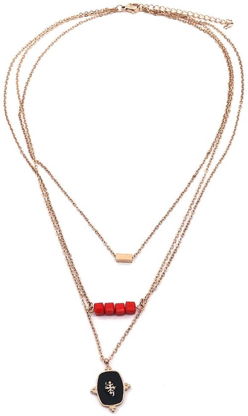 Ketting 3 Lagen - Medaillon - RVS - Lengte Verstelbaar 46-50 cm - Roségoudkleurig