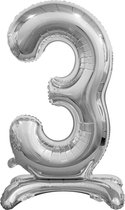 Folie ballon cijfer 3 zilver - met standaard - 76 cm