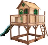AXI Liam Speelhuis in Bruin/Groen - Met Verdieping, Zandbak en Groene Glijbaan - Speelhuisje voor de tuin / buiten - FSC hout - Speeltoestel voor kinderen