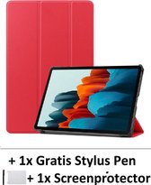 Smart Cover Book Case Hoes Geschikt Voor Samsung Galaxy Tab S7 11.0 Inch - Tri-Fold Multi-Stand Flip Sleeve - Front & Back Beschermhoes Met Screen Protector & Stylus Pen - Rood