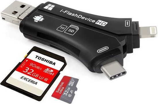 Micro SD-kaartlezer,  4 in 1 externe kaartlezer USB-stick Micro SD & TF Card Reader Adapter-zwart - Flashdevice