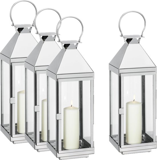 spanning eetbaar overloop Cilio Villa 60 cm - 4 stuks - RVS lantaarn met glas - Glans gepolijst -  Windlicht -... | bol.com