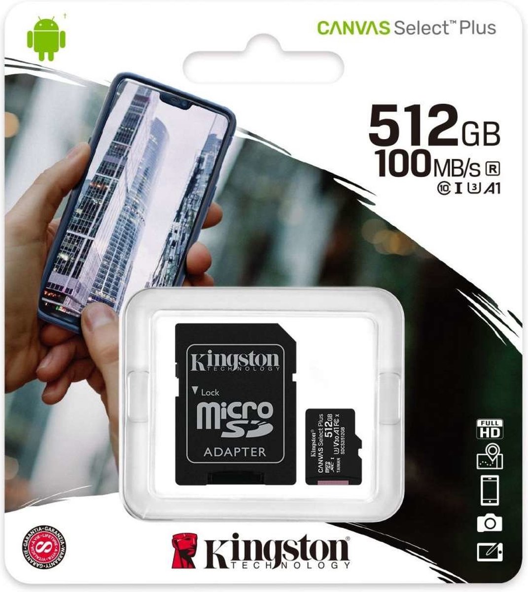 Kingston 512GB microSDHC Canvas Select Plus 100R A1 C10 Single Pack met  Adapter | bol.com