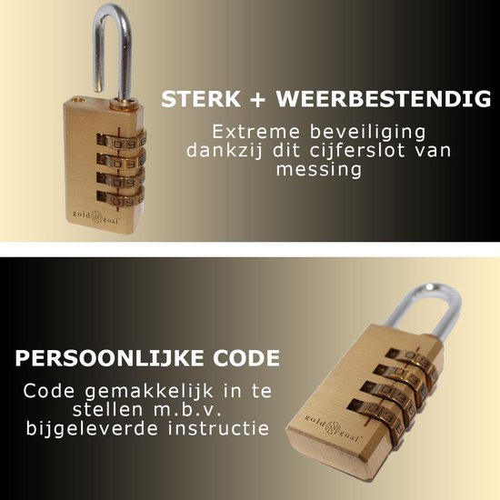 Gouden cijferslot met 4 cijfers, het slot is sterk en weerbestendig.