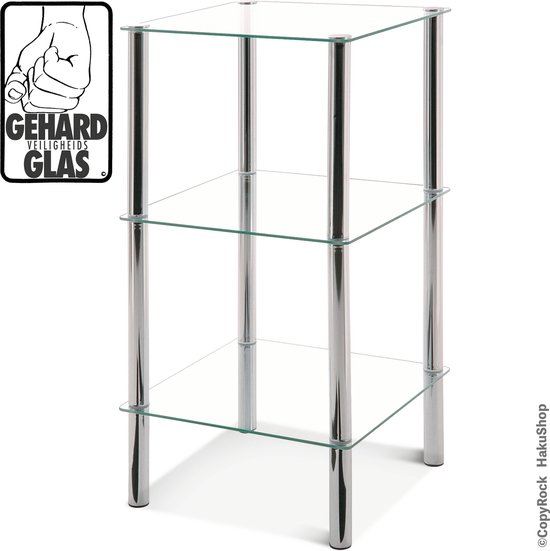 3-laags glazen Bijzettafel| 39x39 | Gehard veiligheid glas | Etagère verchroomd staal | 77cm hoog