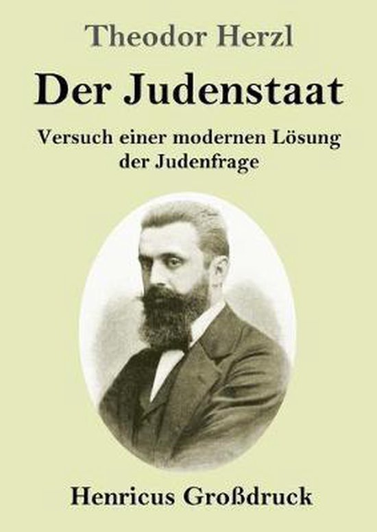 Boekomslag van 'Der Judenstaat' met een portret van Theodor Herzl.