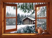 Kerst poster - 130x95 cm - winterlandschap met boshut in sneeuw - tuin decoratie - tuinposters buiten - tuinschilderij - kerst decoratie - kerstversiering
