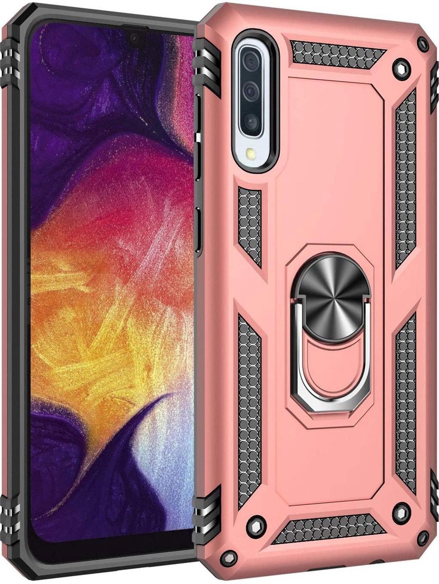 Hoesje Geschikt voor: Samsung Galaxy A20E Rugged Ring Armor schokbestendige rose goud
