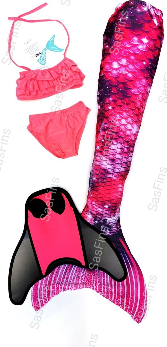 Zeemeermin staart set| Mermaid staart, Bikiniset en Monovin | Pink Stars maat 130 Nieuw model 2024! - Merkloos
