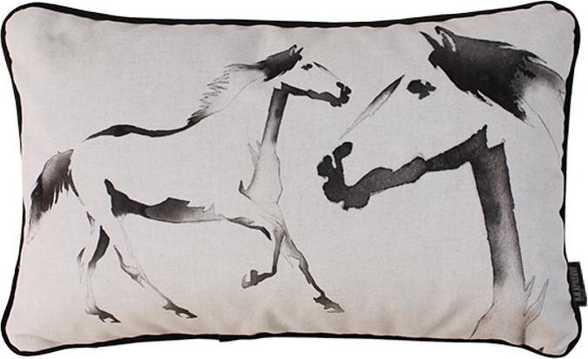 Gek op Kussens! Velvet Two Horses / Paarden Kussenhoes | Velours / Fluweel - Polyester | 30 x 50 cm Zwart - Creme