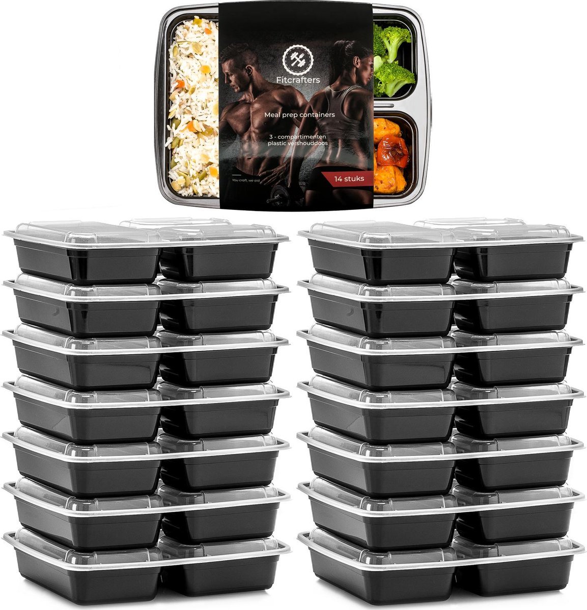 Meal Prep Bakjes - 14 stuks - 3 compartimenten - Lunchbox - Diepvriesbakjes - Vershoudbakjes - Plastic Bakjes Met Deksel - Magnetron Bakjes Met Deksel - Meal Prep - Vershouddoos - 1L - BPA vrij - Fitcrafters