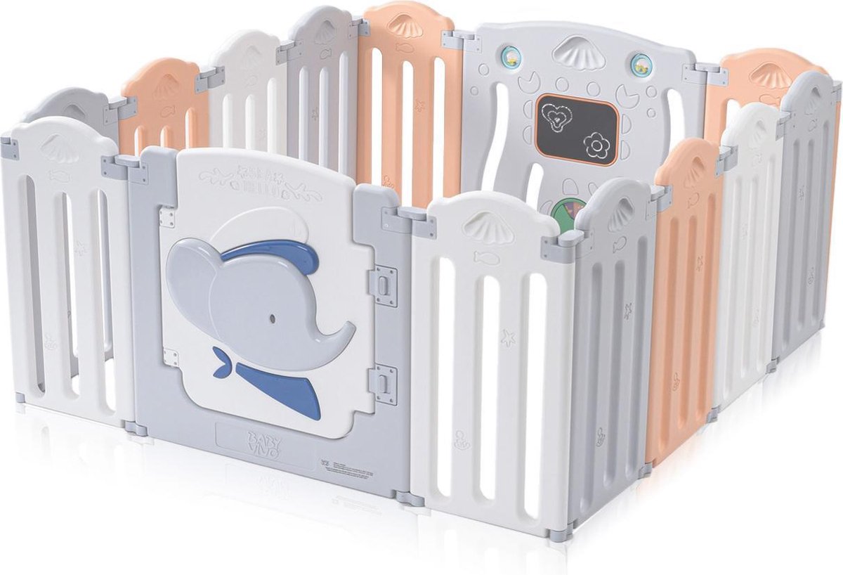 Baby Vivo Baby Box Tweelingbox Opvouwbaar Kruipbox Krabbelpark Speelbox Veiligheidshek Voor Kinderen Kunststof Met Deur En Speelgoed 14 Elementen In Grijs Wit Oranje Kapitein Benjamin