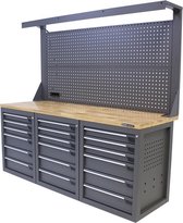 Kraftmeister werkbank 200 cm - Werktafel met gereedschapwand, 18 laden en eiken werkblad - Grijs