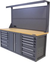 Kraftmeister werkbank 200 cm - Werktafel met gereedschapswand, 12 laden, 1 opbergkast en MDF werkblad - Grijs