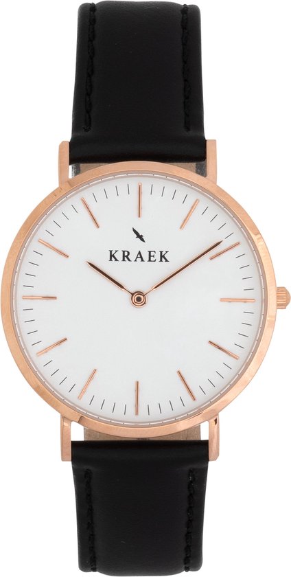 KRAEK Teal Rosé Goud Wit 36 mm - Dames Horloge - Zwart horlogebandje - Leren bandje - inclusief pushpin