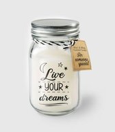 Kaars - Live your dreams - Lichte vanille geur - In glazen pot - In cadeauverpakking met gekleurd lint