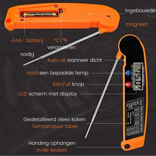 Digitale Vleesthermometer Waterdicht - BBQ thermometer - Kernthermometer - Suikerthermometer – Kookthermometer voor Vloeistof - Promida