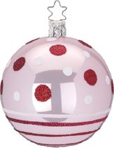 Twee Roze Kerstballen met Rode en Witte Stippen en Strepen 8 cm