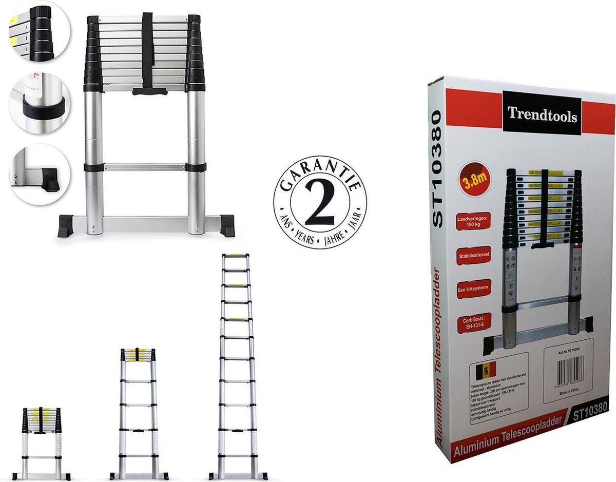 Telescoop ladder 3.8 meter met stabiliteitsbalk - Trendtools | bol.com