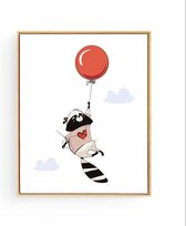 Postercity - Design Canvas Poster Wasbeer met Rode Ballon en Hartje / Kinderkamer / Dieren Poster / Babykamer - Kinderposter / Babyshower Cadeau / Muurdecoratie / 50 x 40cm