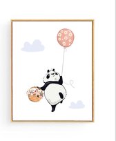 Postercity - Design Canvas Poster Panda met Ballon en Bloemenmand / Kinderkamer / Dieren Poster / Babykamer - Kinderposter / Babyshower Cadeau / Muurdecoratie / 50 x 40cm