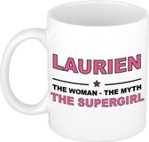Naam cadeau Laurien - The woman, The myth the supergirl koffie mok / beker 300 ml - naam/namen mokken - Cadeau voor o.a verjaardag/ moederdag/ pensioen/ geslaagd/ bedankt