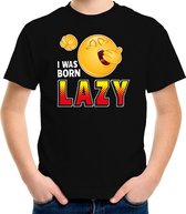 Funny emoticon t-shirt I was born lazy zwart voor kids -  Fun / cadeau shirt 134/140