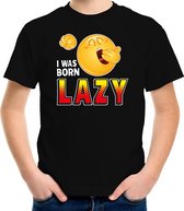 Funny emoticon t-shirt I was born lazy zwart voor kids M (134-140)