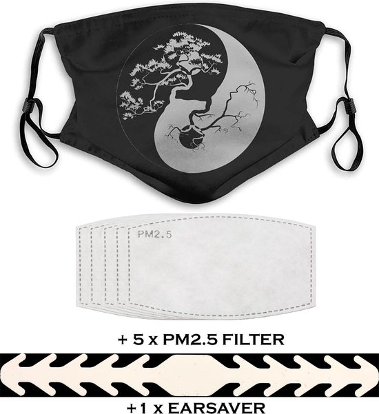 Masque buccal lavable avec élastique réglable - Comprend 5 filtres PM 2.5 et 1 Earsaver Beige - Ying et Yang