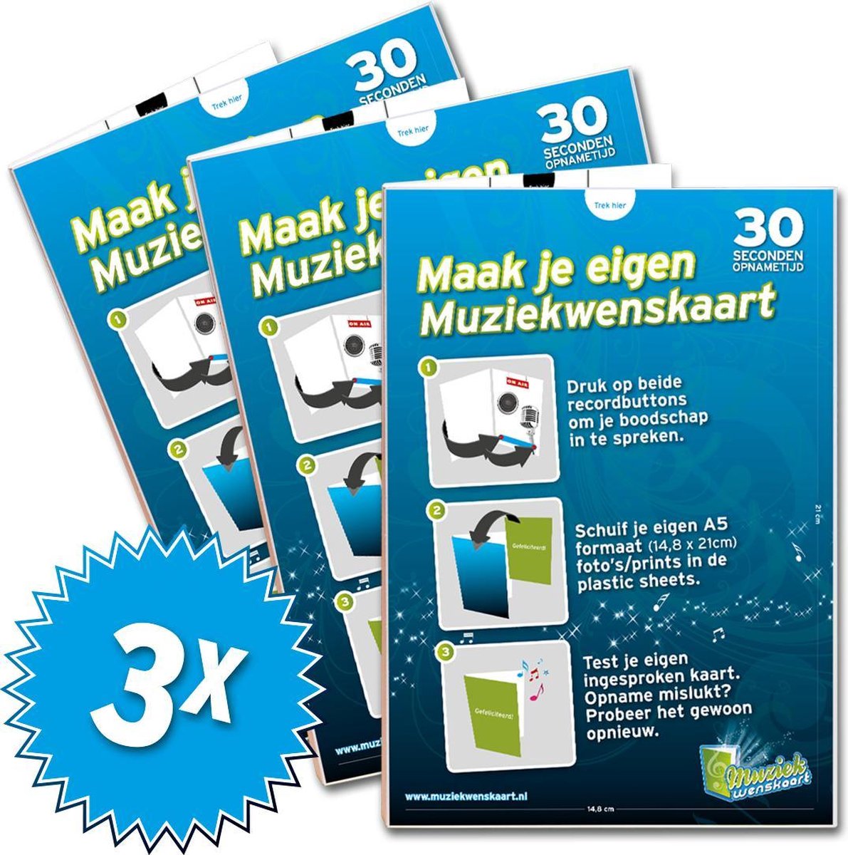 3x Muziekwenskaarten 30 seconden - zelf opneembaar - wenskaart met geluid