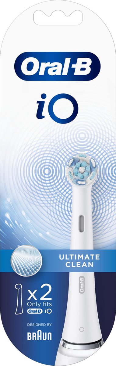 Verpakking van twee Oral-B iO Ultimate Clean opzetborstels met een illustratie.