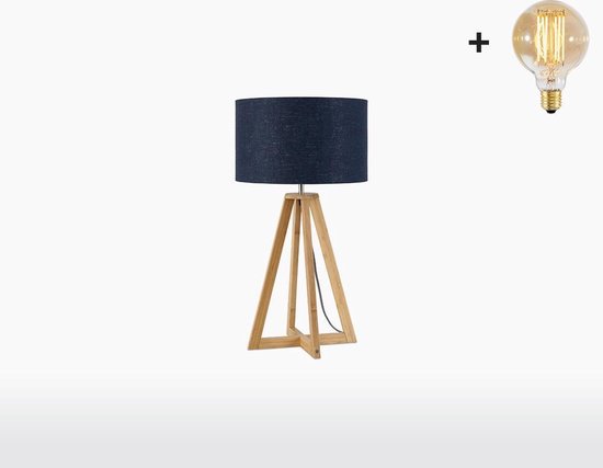 Tafellamp – EVEREST – Naturel Bamboe - Blauw Linnen - Met LED-lamp