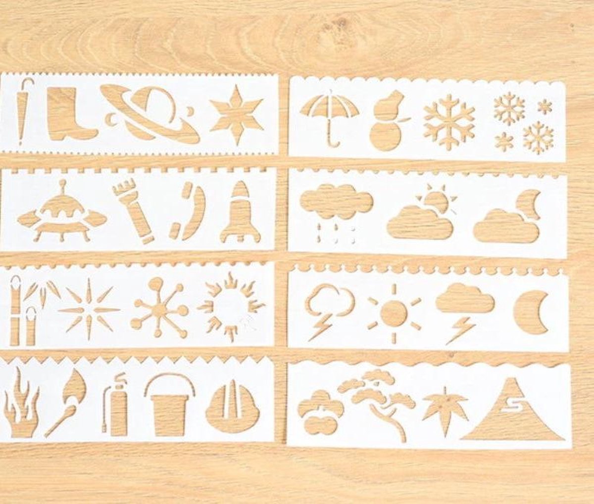 Bullet Journal Plastic Stencils - 8 stuks - Templates - Weer - Regen - Elementen - Sneeuw - Ijs - Sjablonen - 5,5 x 18,3cm - Handlettering toolkit - Knutselen - Decoratie - Accessoires