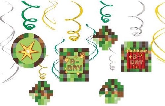 Pixeldessens slingers met 'B-DAY' tekst en TNT-explosie-prints in groen en bruintinten.