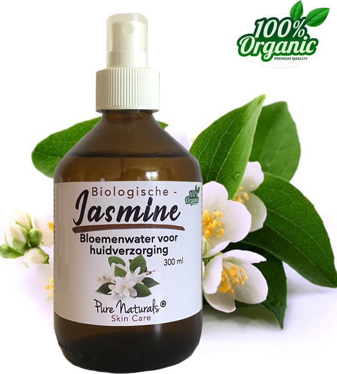 Jasmijn Bloemen water 300 ml | Jasmin Hydrolaat | 100% Puur | Biologisch | Roomspray | Bodyspray | Gezichtstonic | Gezichtsreiniging tonic | Huidverzorging | Pure Naturals