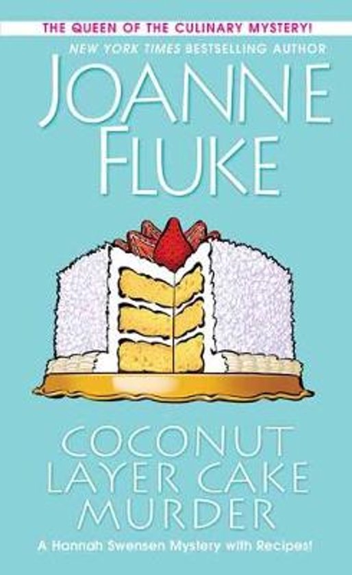Couverture du livre 'Coconut Layer Cake Murder' par Joanne Fluke. Gâteau à la noix de coco avec des fraises et de la crème.