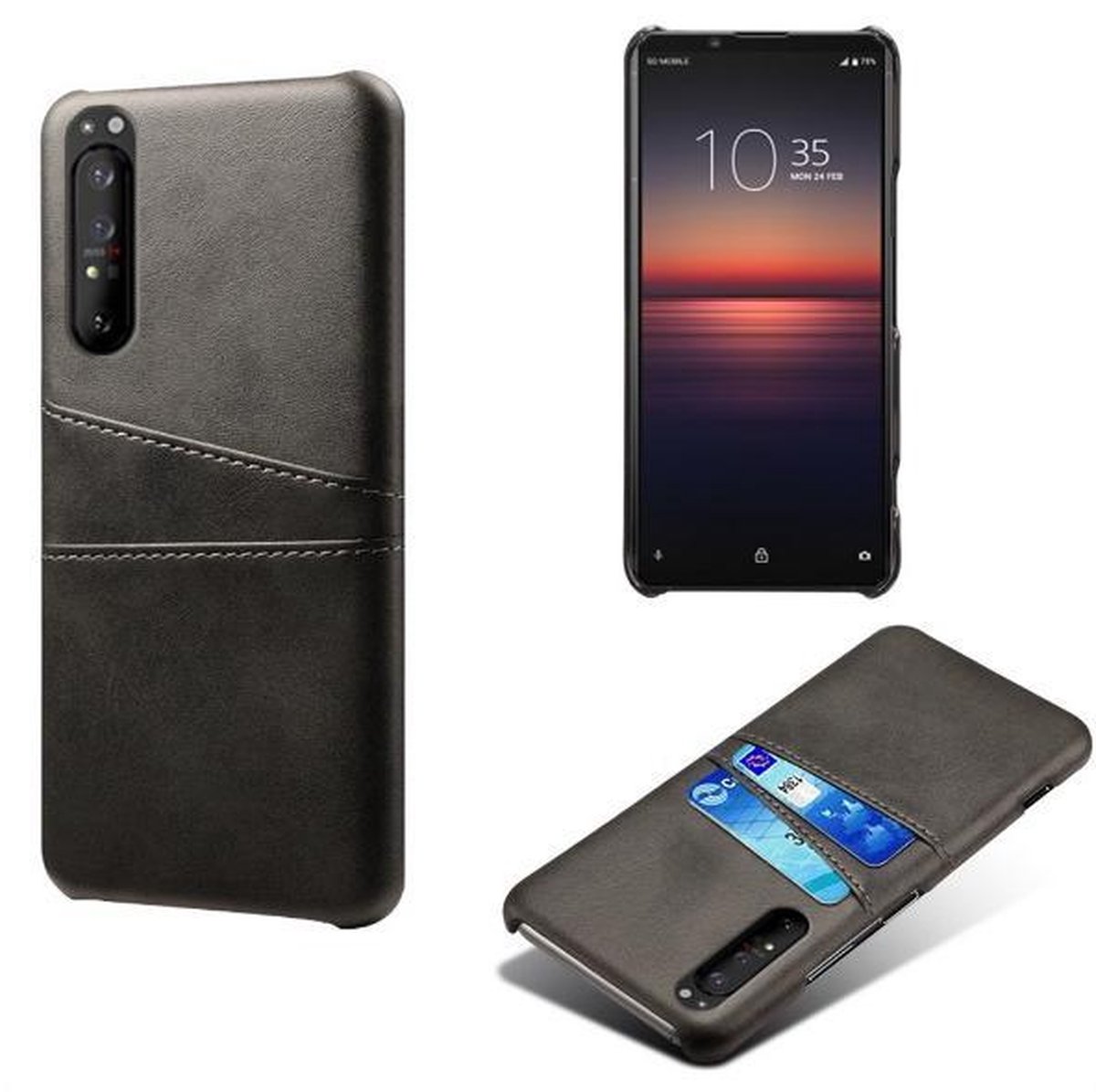 Back Cover met Opbergvakjes + Gehard Glas Screenprotector voor Sony Xperia 1 II _ Zwart