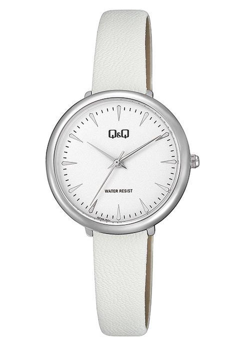 QQ QC35J301Y - Horloge - Analoog - Vrouwen - Dames - Leren band - Rond - Metaal - Streepjes - Wit - Zilverkleurig - 3 ATM