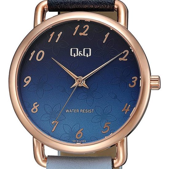 Q&Q dames horloge met blauw lederen band QC31J105