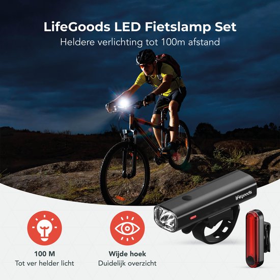 LifeGoods LED Fietsverlichting Set - Voorlicht en Achterlicht - USB Oplaadbaar - Zwart - LifeGoods