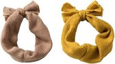 Set van 2 | geel & lichtbruin | Gebreide meisjes baby - peuter haarbandjes met strik (6-24 mnd)
