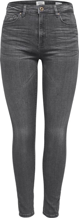 Grijze high waist skinny jeans voor dames, recht van voren gefotografeerd.