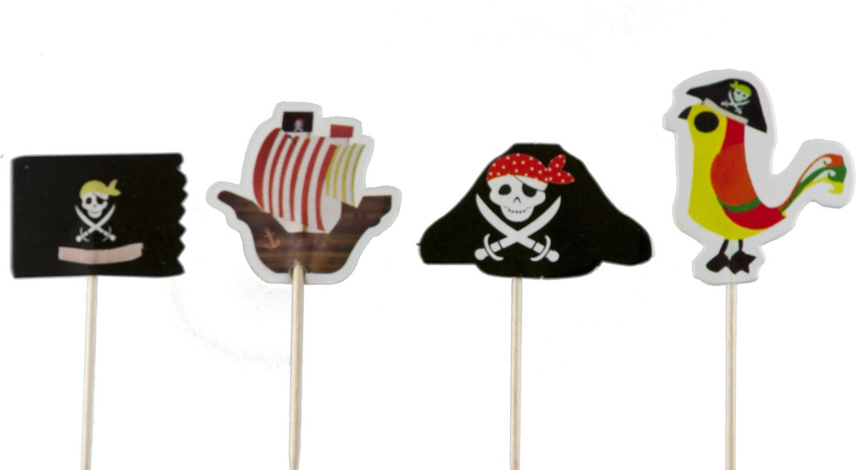 Piraten cupcake prikker| 24 stuks | cocktail prikker | cupcake decoratie | prikkers met versiering | taartversiering