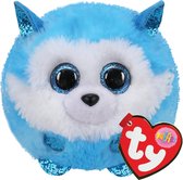 Peluche Teeny Puffies bleue et blanche, duveteuse, avec des oreilles et des pattes pailletées.
